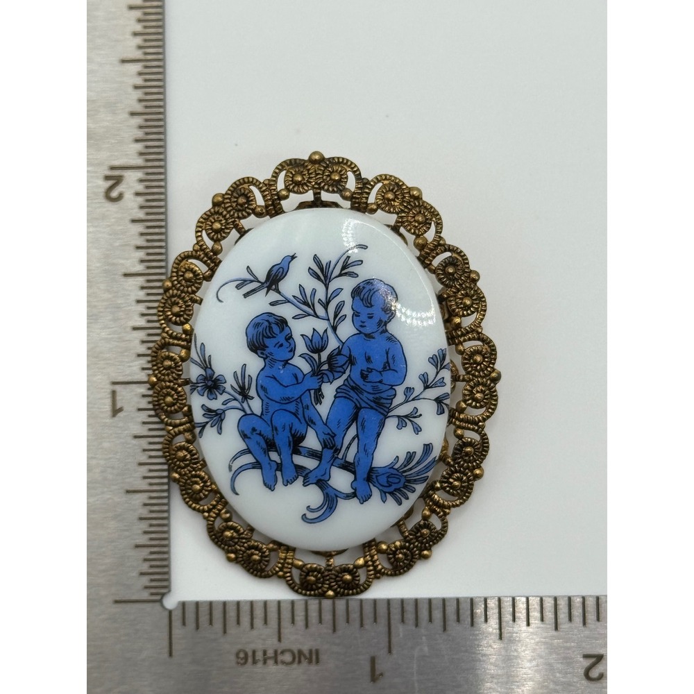 Vintage West Germany Brooch Blue and White Ceramic Cherub Pin - Picture 4 of 15